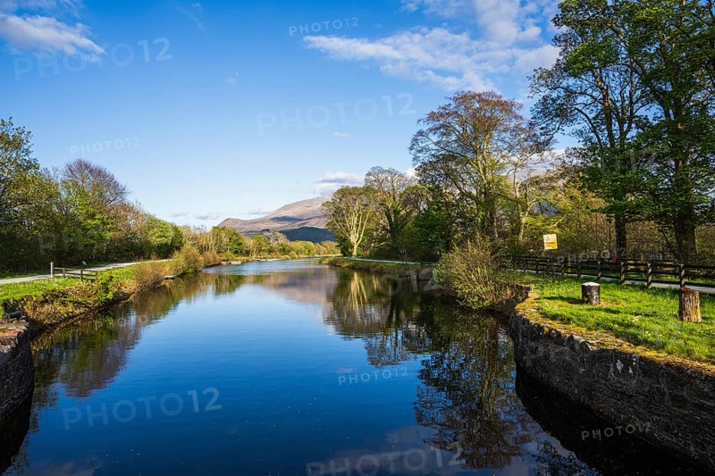 Caledonian Canal, Caol Beach and Nevis Range Mountains, Corpach, Fort William, Highland, Scotland, UK