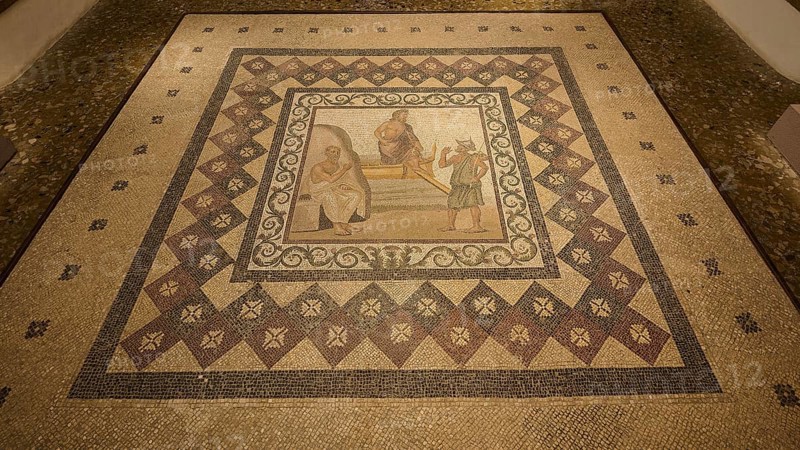 Ancient floor mosaic with complex geometric patterns and figurative depictions, Roman House of Asklepios in Serayia, scene: Asklepios lands on Kos, Archaeological Museum, Kos Town, Kos, Dodecanese, Greek Islands, Greece, Europe