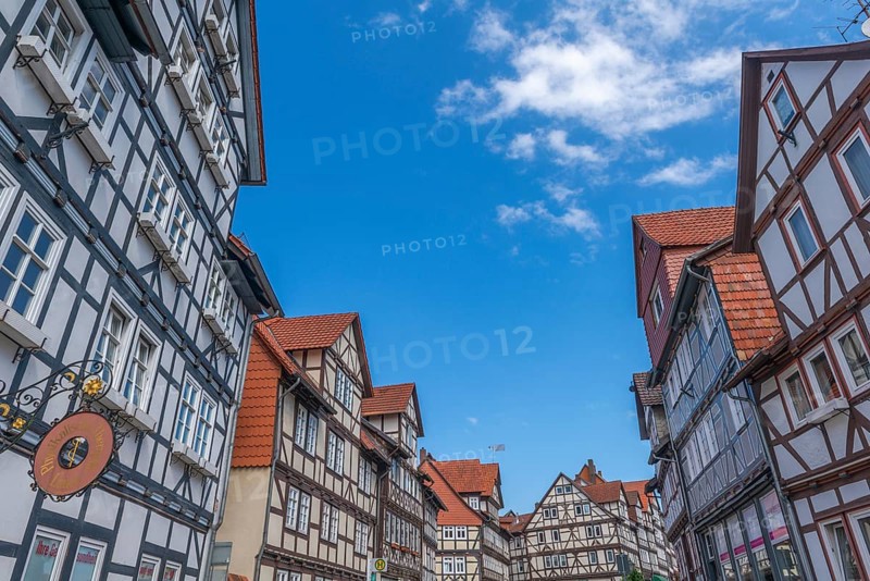 Bad Sooden, Allendorf, Allendorf district, historic old town with numerous half-timbered houses under monument protection, gabled houses, Werra-blue sky, clouds, Meissner district, Hesse, Germany, Europe