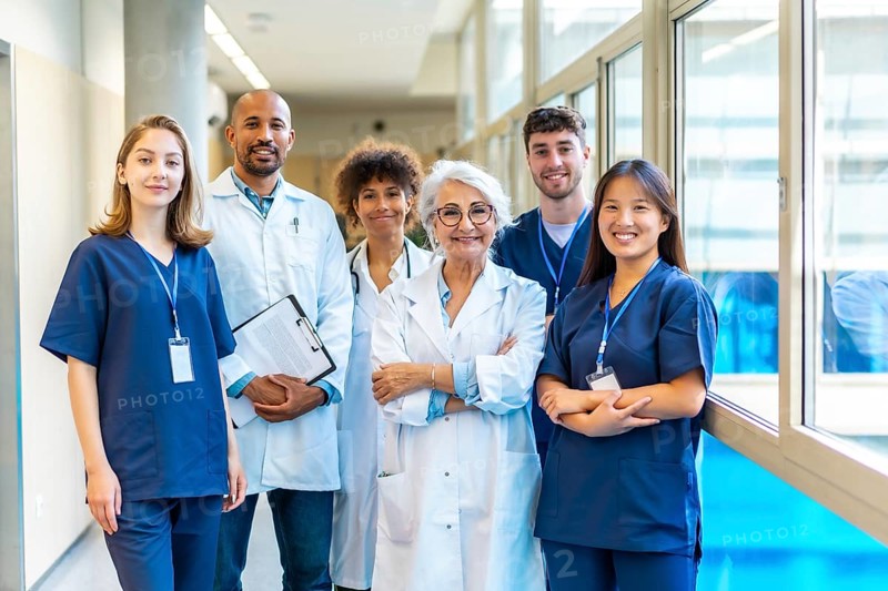 Doctors and nurses standing together in a hospital corridor, representing teamwork and professionalism in healthcare