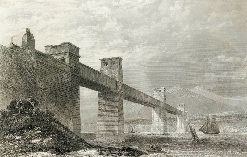 The Britannia cane bridge across the Menai Strait between the Isle of Anglesey and the Welsh mainland in the 19th century. From the Cyclopaedia of Useful Arts and Manufactures by Charles Tomlinson, digital reproduction of a historical model