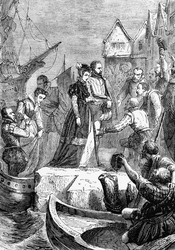 Mary Stuart lands in Leith, Scotland. After the burning of Holyroodhouse during the raid on Hertford in 1544, she moved her Scottish court to Leith. 1560, digital reproduction of a historical model