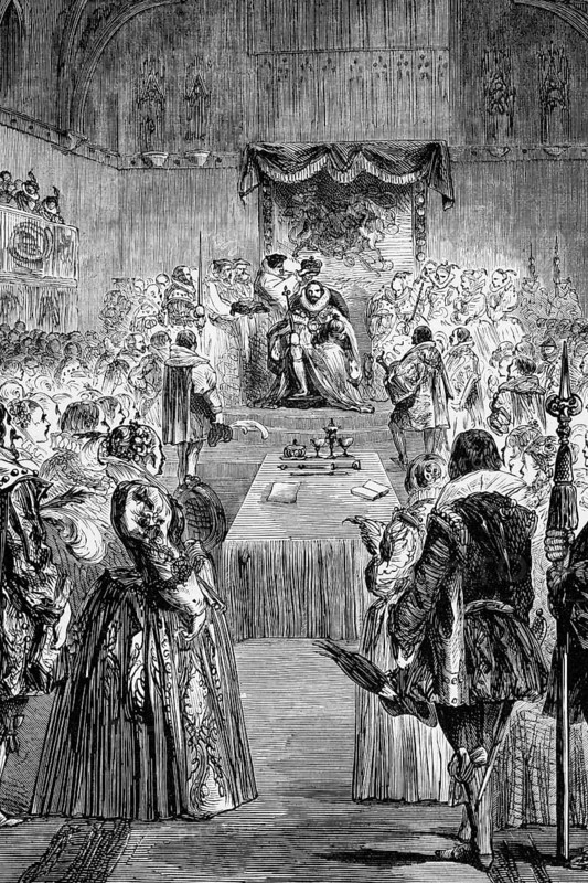 The English coronation of James I (1566 to 1625), King of England and Ireland, on 25 July 1603 after the death of Queen Elizabeth I. From 24 July 1567 he was also King of the Scots, England, as James VI, digital reproduction of a historical model