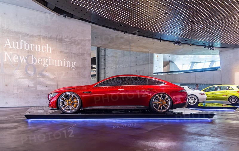 Mercedes-AMG GT Concept from 2017. The Mercedes-Benz Museum in Stuttgart presents a journey through the automotive history of the global corporation. Myth 6: The road to emission-free mobility, 1982 to the present day. The history of the Mercedes star begins with the first automobile in 1886. 160 vehicles are on display. Stuttgart, Baden-Württemberg, Germany, Europe