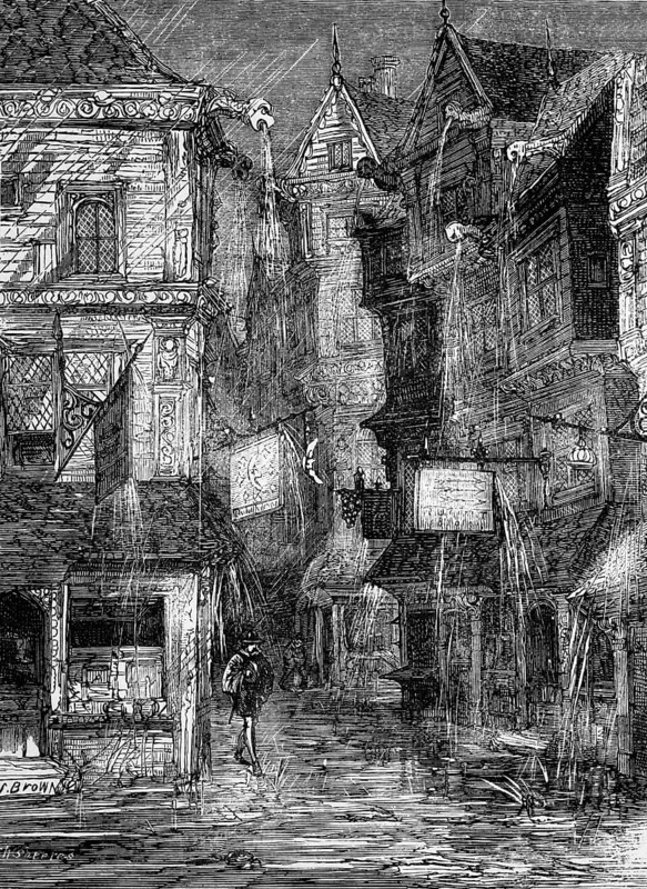 During the reign of Queen Elizabeth I, a 16th century street during a torrential downpour in London, England, digital reproduction of a historical original