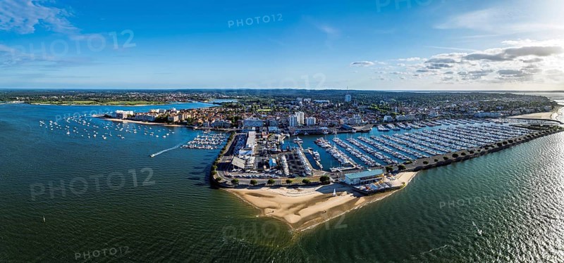 Panorama of Marina and Beach in Arcachon from a drone, Arcachon, Gironde, France, Europe