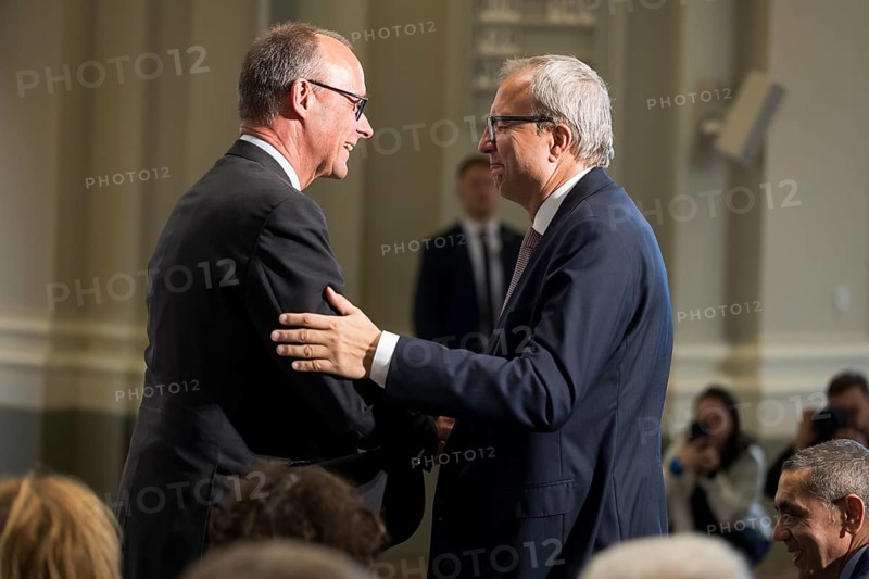 Friedrich Merz (Chancellor of the Federal Republic of Germany) and Andreas Voßkuhle (President of the Senate of the German National Foundation) at the presentation of the German National Prize 2025 in the Französische Friedrichstadtkirche, Berlin, on 10 June 2025