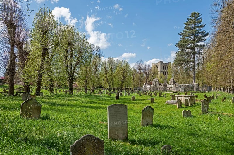 Norman tower, also called church gate, graveyard, gravestones, Bury St Edmunds, West Suffolk, England, Great Britain