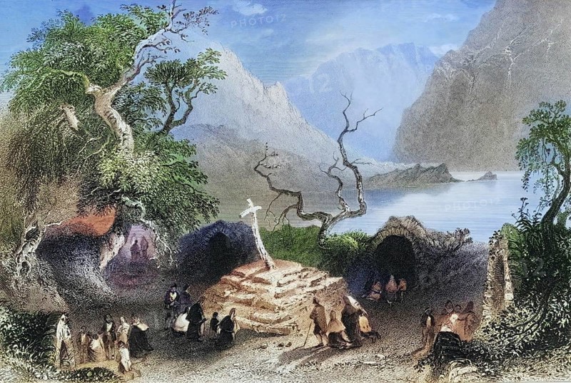 Scene in Gougane Barra, County Cork, Ireland, from the Landscape and Antiquities of Ireland, 1841, digital reproduction of a historical model, Europe