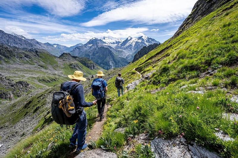 Mountaineer on hiking trail in mountain landscape, descent at Col du Louvie, view of glaciated mountain peaks of the Grand Combine, Valais Alps, Val de Bagnes, Valais, Switzerland, Europe
