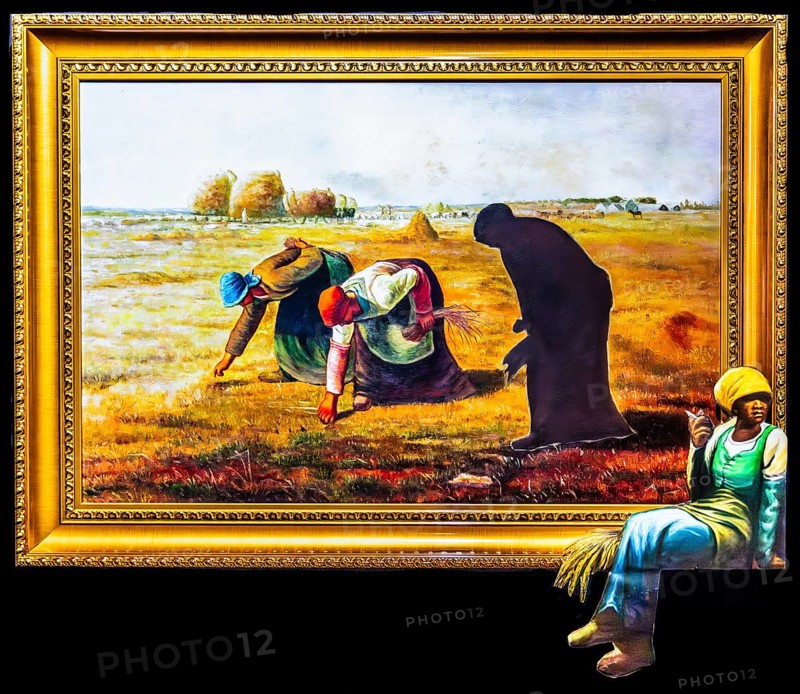 Banksy - The Gleaners, Jeans-Francois Millet, cigarette break while reading a book, 2008, exhibition The World of Banksy