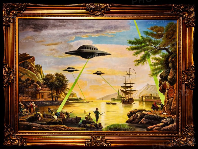 Banksy - UFO, conflict between modern and historical era, science fiction meets impressionism, 2006, exhibition The World of Banksy