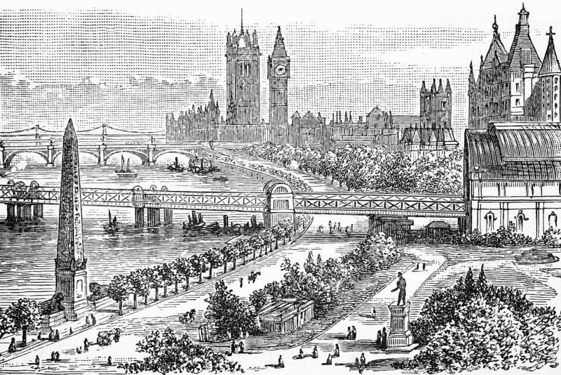 Cleopatra's Needle, the Houses of Parliament, bridges and banks, the Thames, c. 1870, London, England, digital reproduction of a historical model