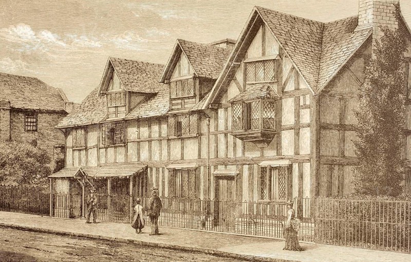 Shakespeare's birthplace in Stratford-upon-Avon, England. From the illustrated library Shakspeare, published in London in 1890, digital reproduction of a historical original