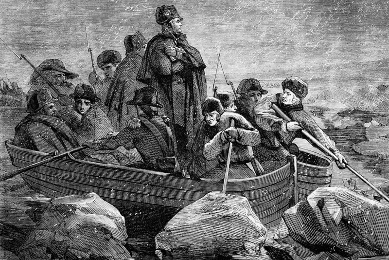 George Washington crosses the Delaware River on the night of 25-26 December 1776 during the American War of Independence, the first step of a surprise attack on Hessian soldiers in Trenton, New Jersey, on the morning of 26 December, digital reproduction of a historical original