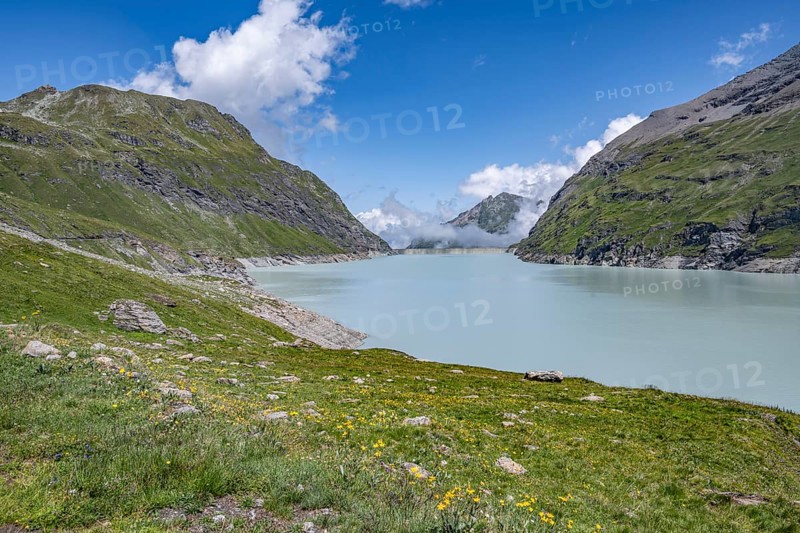 Blue mountain lake in a mountain landscape, Lac des Dix reservoir, Valais Alps, Valais, Switzerland, Europe