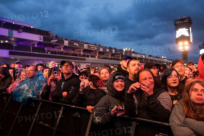 Festival visitors in front of the grandstand at the Rock am Ring Festival on Friday, Nürburgring race track race track, 07.06.2025