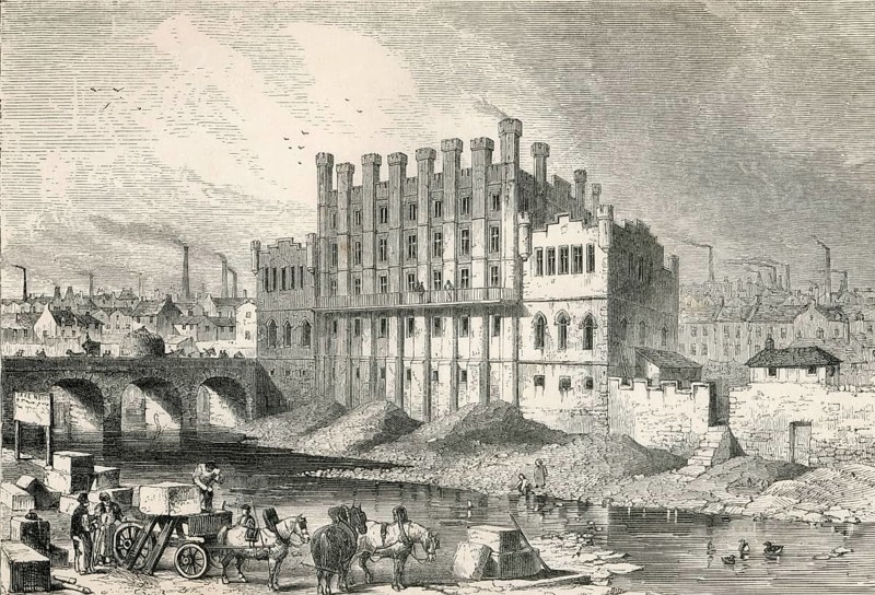 Exterior view of the Castle Grinding Mill, Sheffield, South Yorkshire, England in the 19th century. From the Cyclopaedia of Useful Arts and Manufactures by Charles Tomlinson, digital reproduction of a historical model