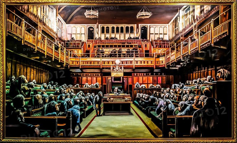 Banksy - Devolved Parliament, Chimpanzees take over the House of Commons, 2009, Bristol Museum, Bristol, UK, exhibition The World of Banksy