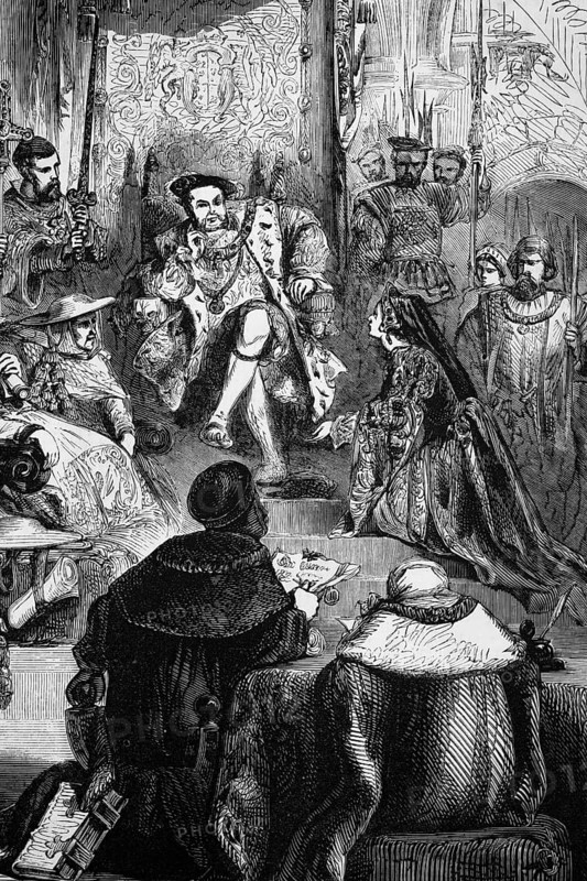The trial of Queen Catherine in 1529, Catherine of Aragon was the first woman of Henry VIII, whose marriage to the king was annulled, England, Spain, digital reproduction of a historical original, Europe