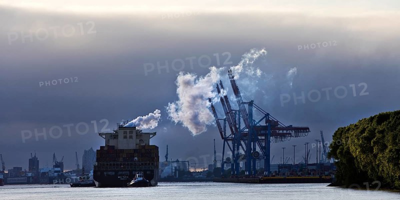 Container ship MSC Tokyo with two small tugs near the Burchardkai container terminal in the Port of Hamburg, Germany, Europe