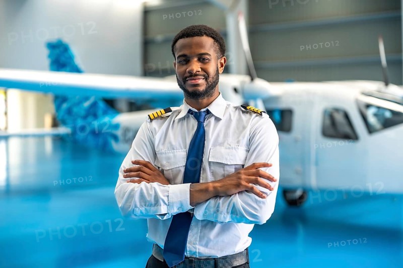 Portrait of a smiling pilot standing with arms crossed in front of a small passenger airplane inside an aircraft hangar