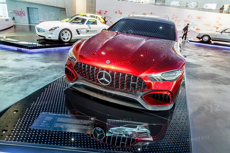 Mercedes-AMG GT Concept from 2017. The Mercedes-Benz Museum in Stuttgart presents a journey through the automotive history of the global corporation. Myth 6: The road to emission-free mobility, 1982 to the present day. The history of the Mercedes star begins with the first automobile in 1886. 160 vehicles are on display. Stuttgart, Baden-Württemberg, Germany, Europe