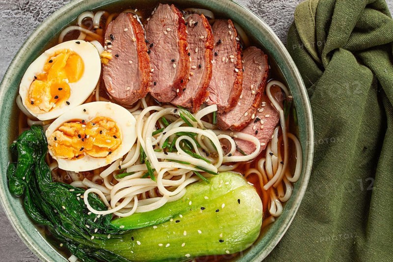 Ramen soup with duck and noodles, with eggs and bok choy, homemade, no people