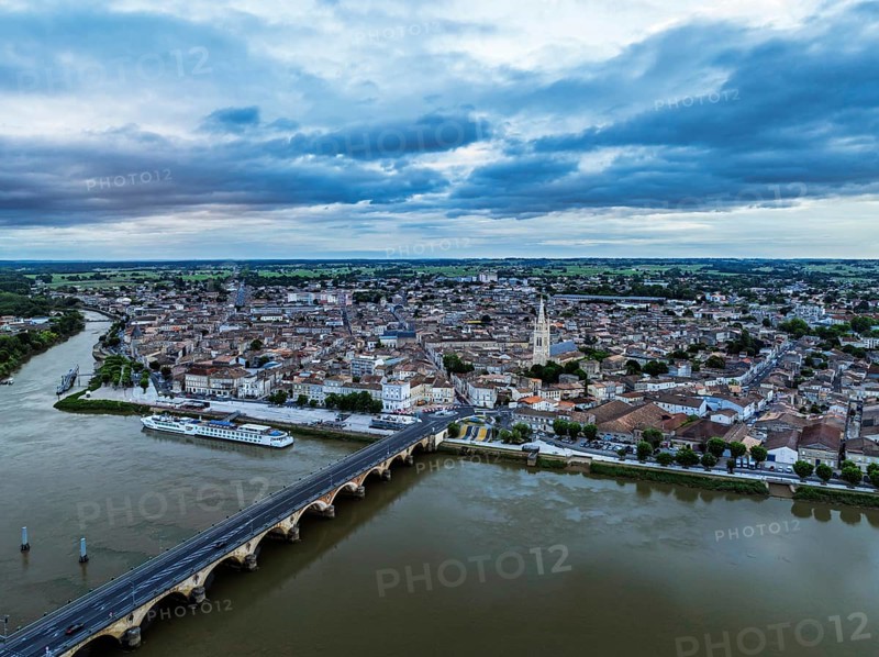 Twilight over Libourne from a drone, Gironde, Nouvelle-Aquitaine, Saint-Émilion and Pomerol, Southwestern France