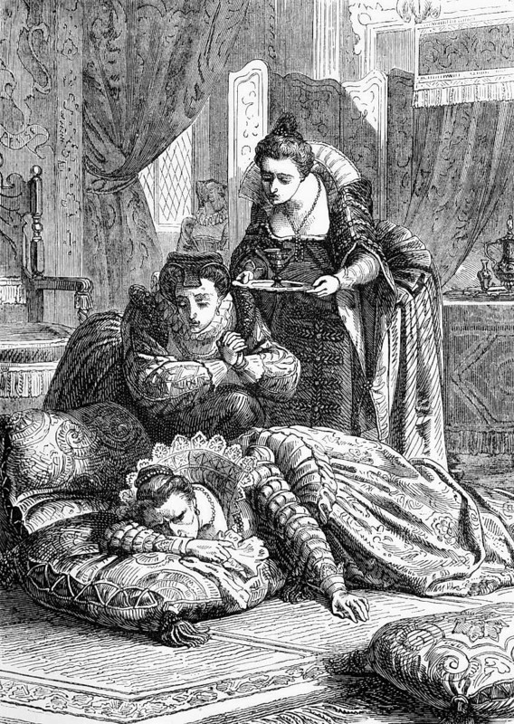 After the death of Catherine Howard, Countess of Nottingham, the niece of her cousin and close friend, Elizabeth fell ill and died on 24 March 1603 between two and three in the morning at Richmond Palace, England, digital reproduction of a historical original