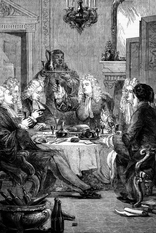 Dinner at the house of Henry St John Viscount of Bolingbroke in Windsor in 1711, England, digital reproduction of a historical model