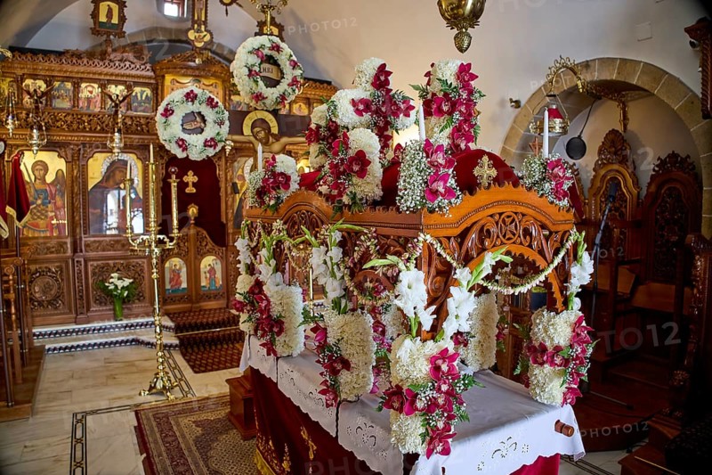 Epitaphios, Church of Agios Ioannis Prodromos, Detailed decorated altar in an orthodox church with floral decorations, Skala, harbour, Patmos, Dodecanese, Greek Islands, Greece, Europe
