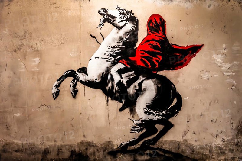Banksy - Blind Napoleon, reinterpretation of the painting by Jacques-Louis David, metaphor for political misdirection, 2018, Paris, France, exhibition The World of Banksy, Europe