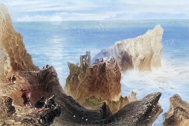 Kenbane Castle, County Antrim, Ireland, from the Landscape and Antiquities of Ireland, 1841, digital reproduction of a historical model, Europe