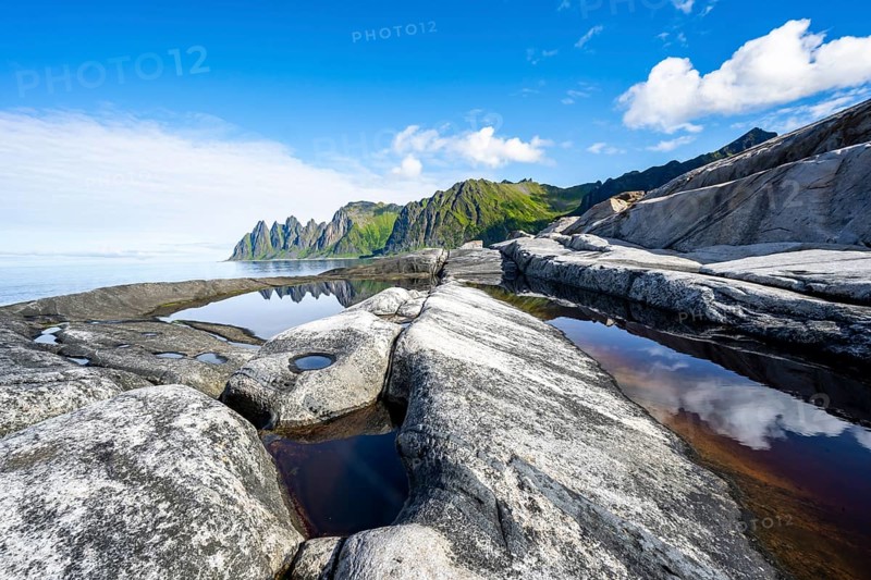 Tidal pools, rocky coast of Tungeneset, Devil's Teeth, Devil's Teeth, Okshornan, Ersfjorden, Senja Island, Troms, Norway, Europe