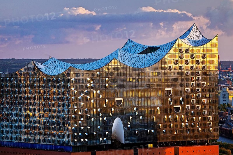 View of the Elbphilharmonie in the evening light from the St Nikolai memorial, Hamburg, Germany, Europe