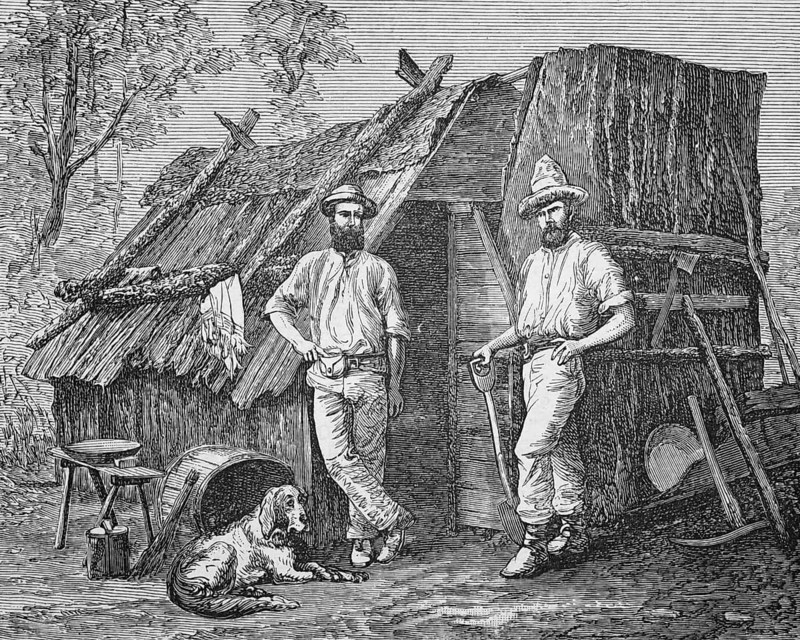 Gold diggers next to their bark hut, around 1870, Australia, digital reproduction of a historical model, Oceania