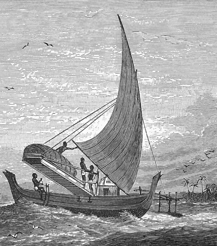 Equipped canoe or prau, c. 1870, Malaya, digital reproduction of a historical model