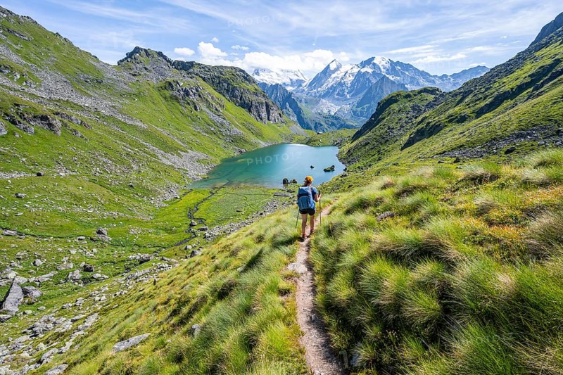 Mountaineer on hiking trail in picturesque mountain landscape, view of mountain lake Lac du Louvie and glaciated mountain peaks of the Grand Combine, Valais Alps, Val de Bagnes, Valais, Switzerland, Europe