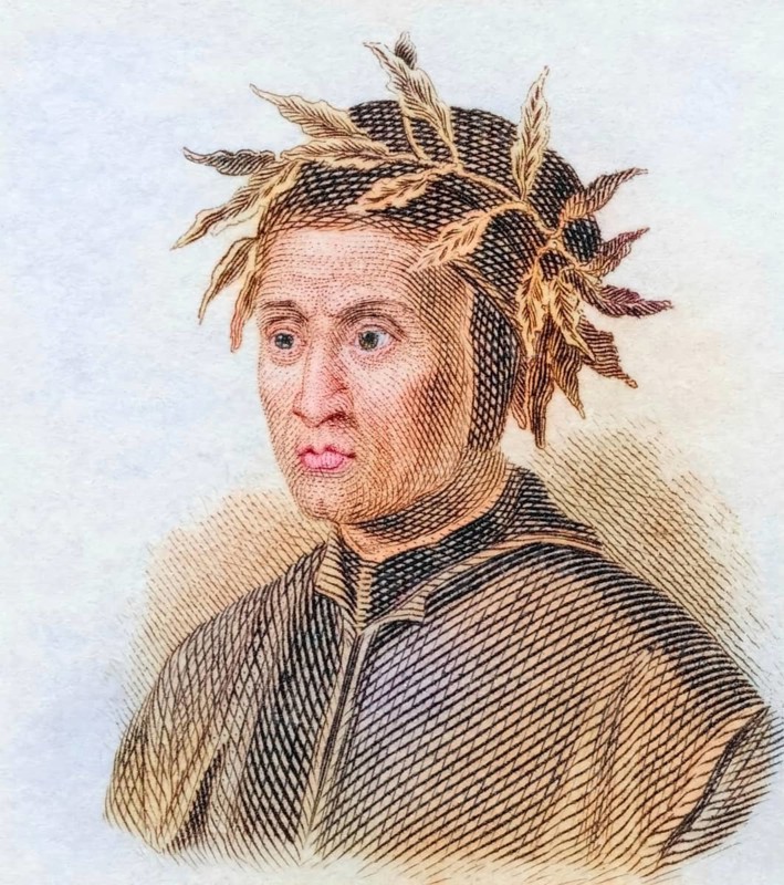 Dante Alighieri, (born 29 May 1265 in Florence, died 14 September 1321 in Ravenna) was an Italian poet and philosopher, coloured woodcut from Crabbe's Historical Dictionary from 1825, Historical, digital reproduction