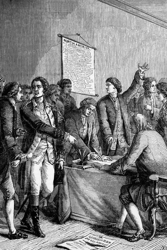 The signing of the American Declaration of Independence in the Pennsylvania State House. A declaration adopted by the Continental Congress on 4 July 1776 proclaiming that the thirteen American colonies, then at war with Great Britain, looking at themselves independent states and were no longer part of the British Empire, digital reproduction of a historical original