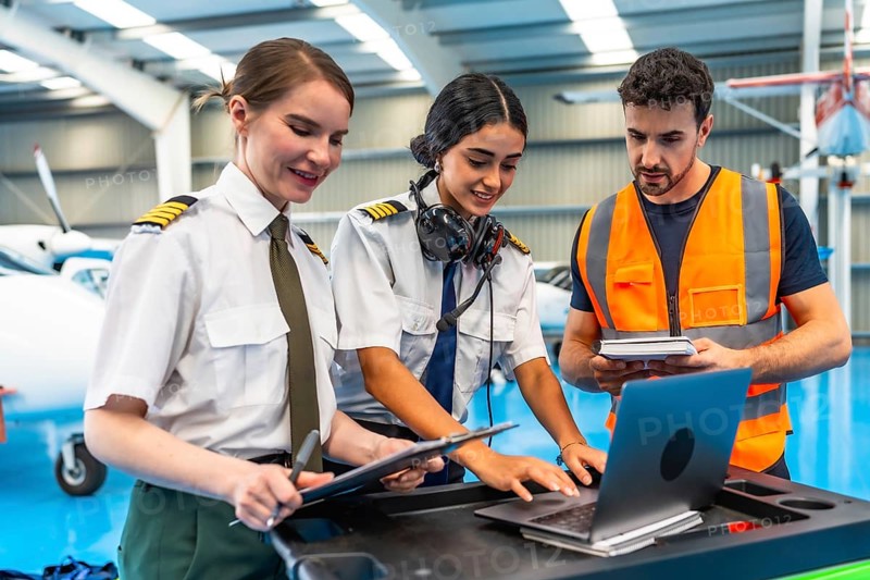 Aviation maintenance team working together, using a laptop and checklists for pre flight inspection and airplane maintenance