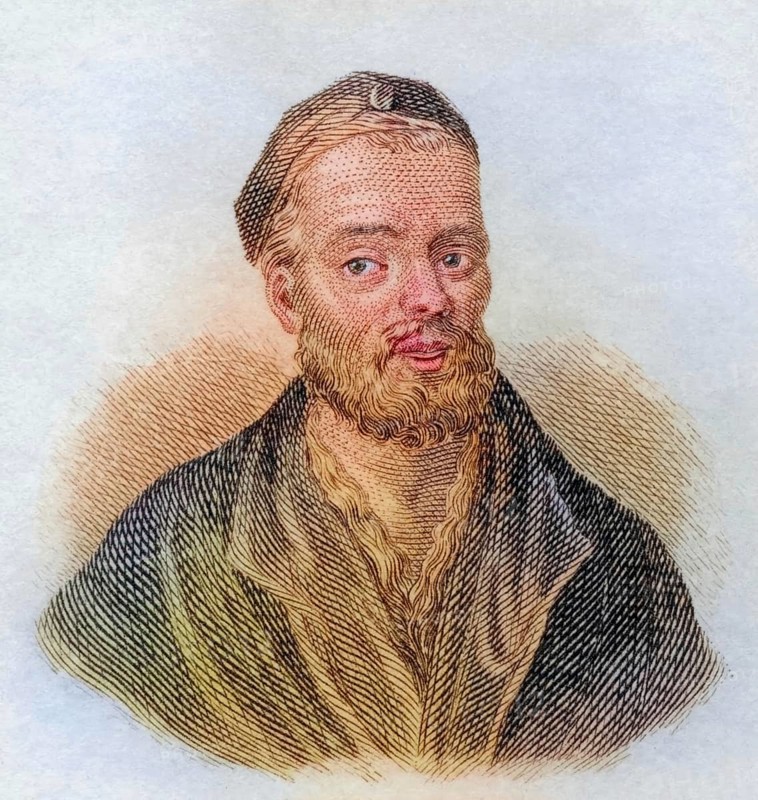 Francois Rabelais, (born around 1494, perhaps 1483 in La Devinière, died 9 April 1553 in Paris) was a French Renaissance writer, humanist, Roman Catholic friar and secular priest, practising physician and lecturer, coloured woodcut from Crabbe's Historical Dictionary from 1825, Historical, digital reproduction