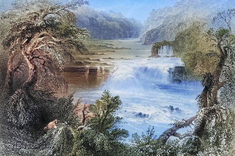 Salmon Leap near Leixlip, County Kildare, Ireland, from the Landscape and Antiquities of Ireland, 1841, digital reproduction of a historical model, Europe