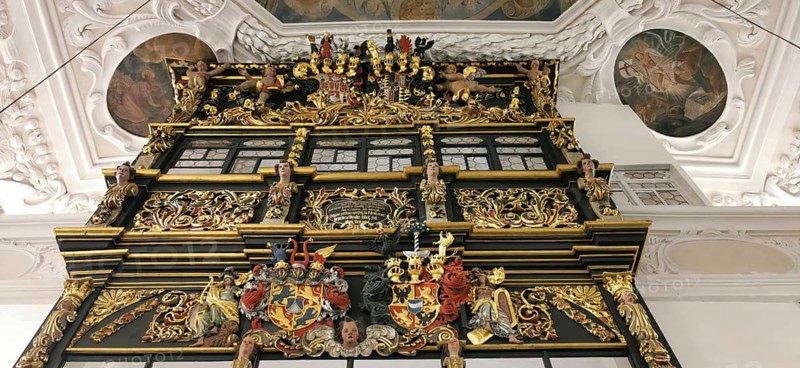 The Evangelical Lutheran St Laurentius Church in Thurnau, the lords' lodge in the west of the church, Kulmbach district, Upper Franconia, Bavaria, Germany, Europe