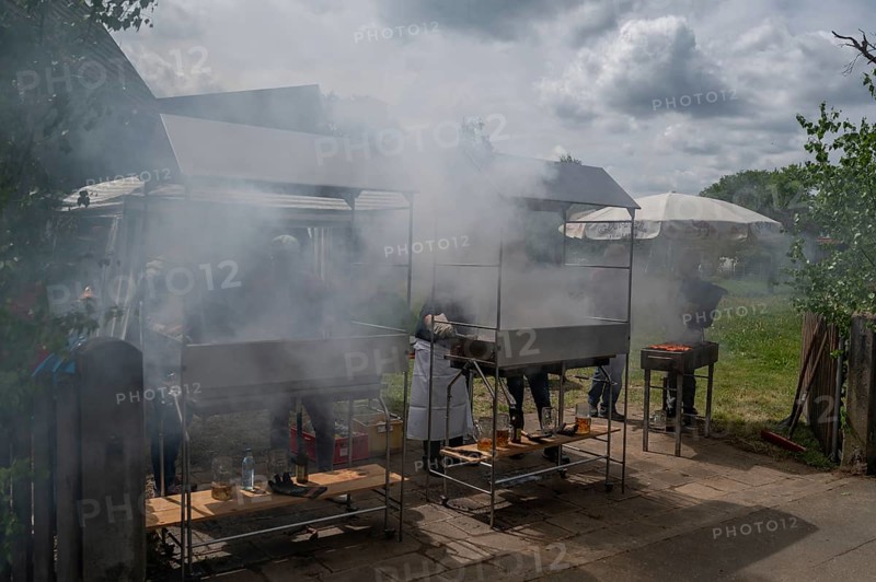 Heavy smoke at the sausage grill stations at the Backofenfest, Kleingeschaidt, Middle Franconia, Bavaria, Germany, Europe