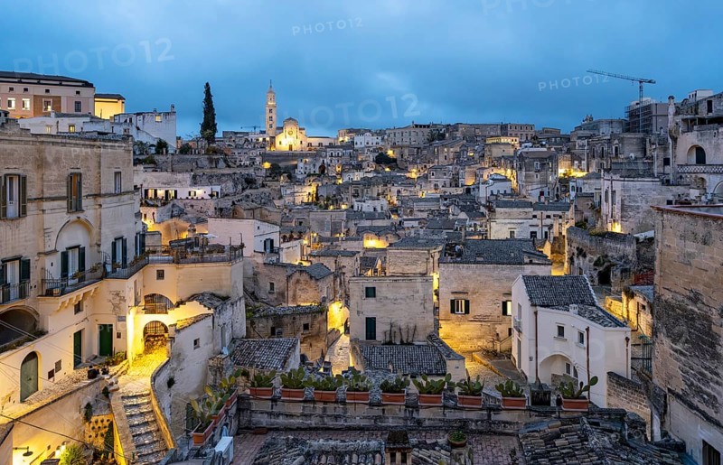 View of Matera by Night, Belvedere dei Tre Archi, Basilicata, Italy, Europe
