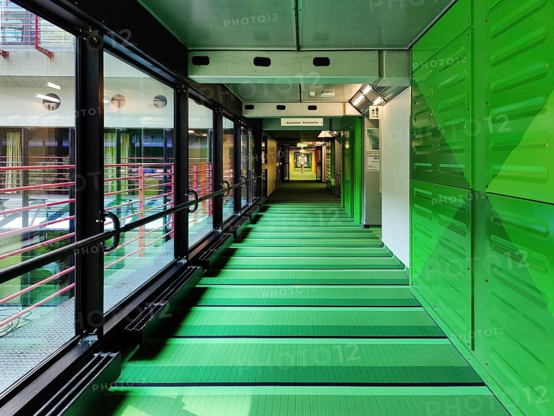 Listed RWTH Aachen University Hospital, interior photograph, high-tech architecture, North Rhine-Westphalia, Germany, Europe