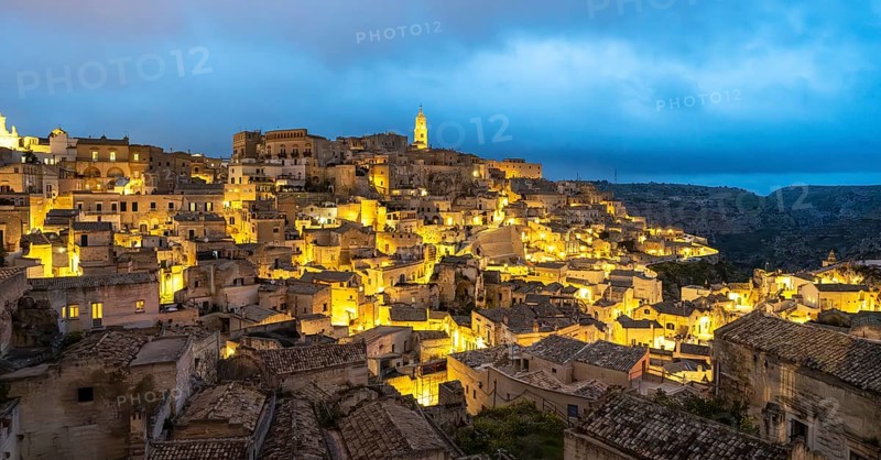View of Matera by night, Sasso Caveoso, Basilicata, Italy, Europe