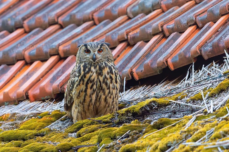 Eurasian eagle-owl, European eagle-owl (Bubo bubo) adult perched on roof of farm building